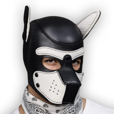 pup hood of neoprene material in black and white