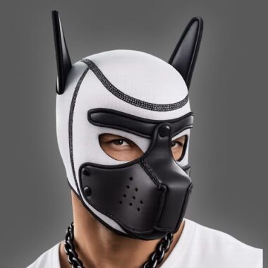 pup hood of neoprene material in white and black
