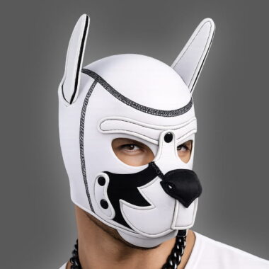 pup hood of neoprene material in white and black thunder style