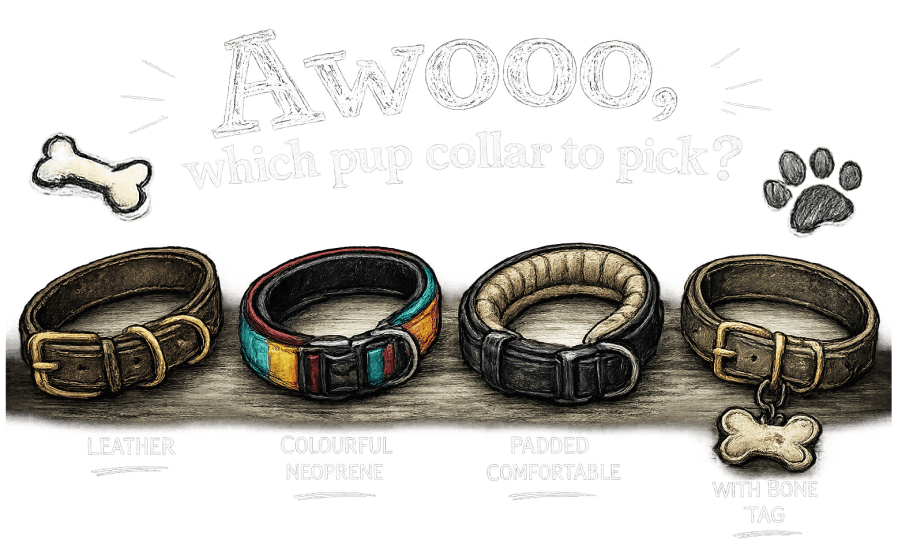 pup play collars of different materials in a guide