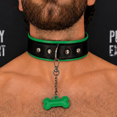leather human pup collar with green elements