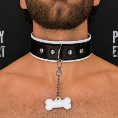 human pup play collar of leather material with white accents
