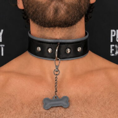 leather human puppy play collar in steel grey color