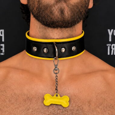 yellow pup play collar of leather material