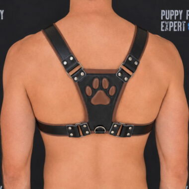 GB leather pup play harness in chocolate brown color