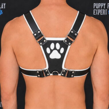GB leather pup play harness in white color