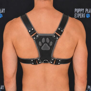 GB leather pup play harness in steel grey color