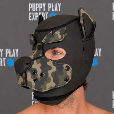 GB Neoprene Puppy Hood - Brown Camo bushy eyebrows