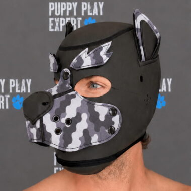 GB Neoprene Puppy Hood - Grey Camo bushy eyebrows