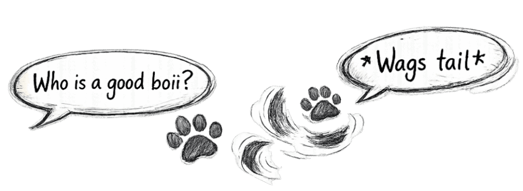pup play command and pup tail wagging illustration