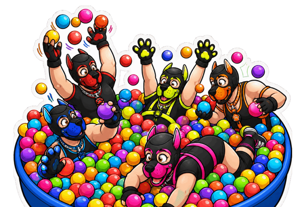 a group of pups playing in a ball pit